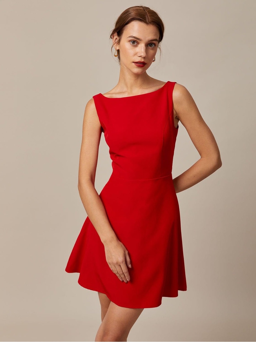 Rihoas The Red Boat Neck High Waisted Mini Dress